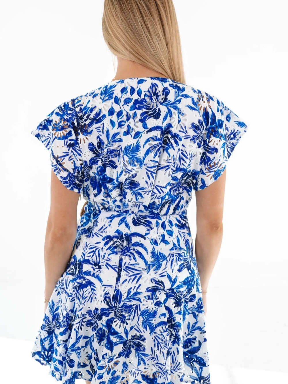 J. Marie The Hayden Eyelet Wrap Romper - White/Blue - Picture 4 of 16